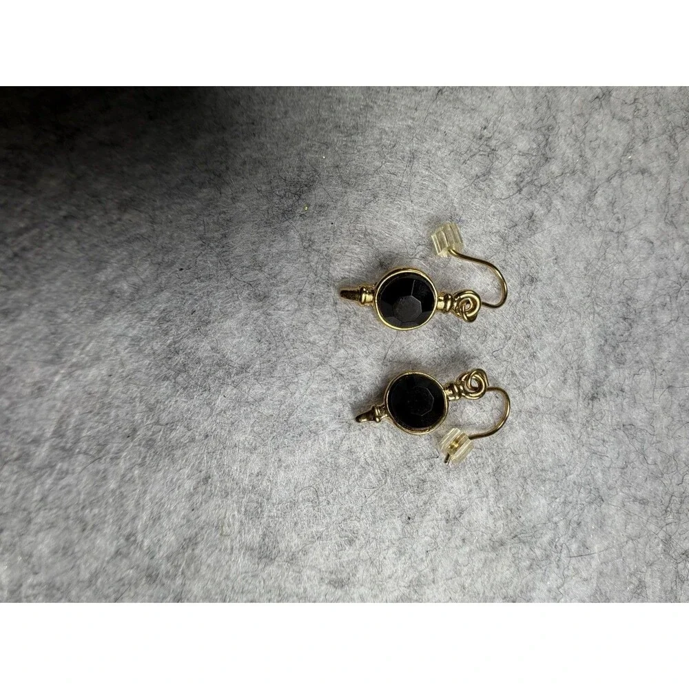 Vintage 1990s Black Faceted Stone Gold Tone Dangle Earrings Gothic Glam